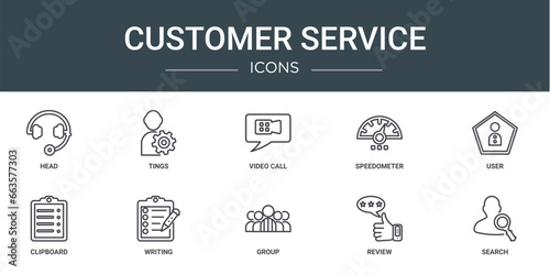 set of 10 outline web customer service icons such as head, tings, video call, speedometer, user, clipboard, writing vector icons for report, presentation, diagram, web design, mobile app