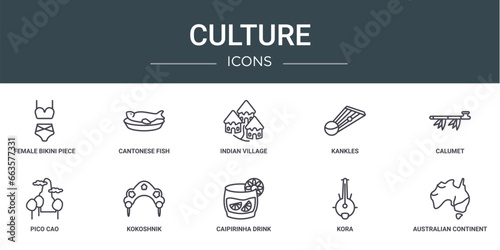 set of 10 outline web culture icons such as female bikini piece, cantonese fish, indian village, kankles, calumet, pico cao, kokoshnik vector icons for report, presentation, diagram, web design,