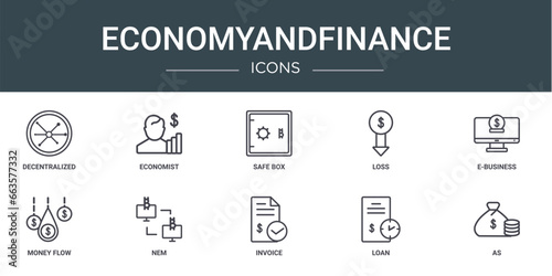 set of 10 outline web economyandfinance icons such as decentralized, economist, safe box, loss, e-business, money flow, nem vector icons for report, presentation, diagram, web design, mobile app