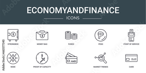 set of 10 outline web economyandfinance icons such as strongbox, money bag, funds, peso, point of service, node, proof of capacity vector icons for report, presentation, diagram, web design, mobile