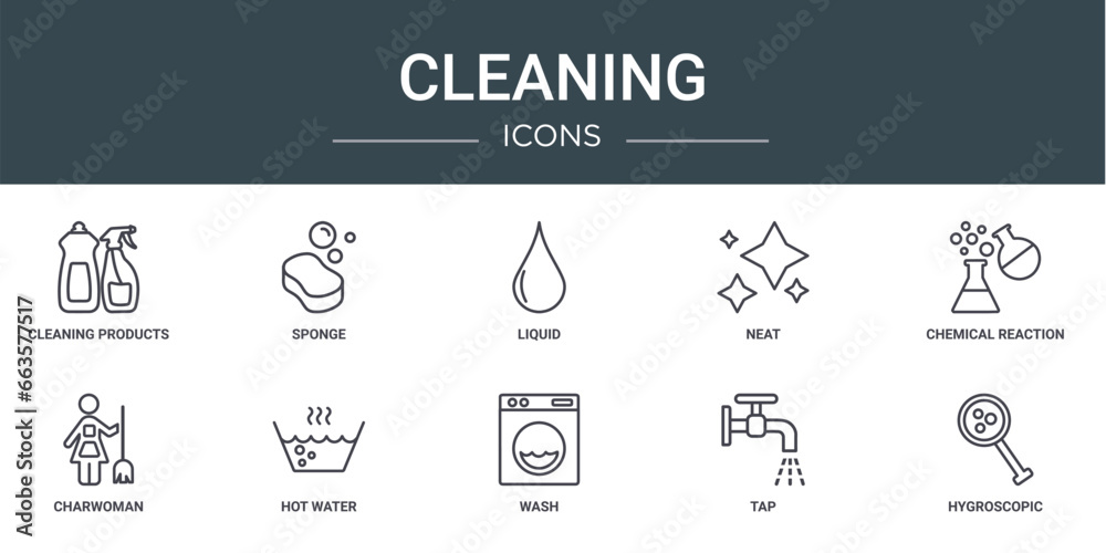 set of 10 outline web cleaning icons such as cleaning products, sponge, liquid, neat, chemical reaction, charwoman, hot water vector icons for report, presentation, diagram, web design, mobile app - obrazy, fototapety, plakaty 