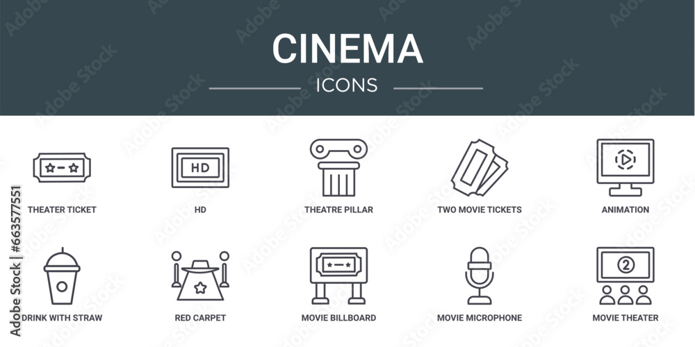 set of 10 outline web cinema icons such as theater ticket, hd, theatre pillar, two movie tickets, animation, drink with straw, red carpet vector icons for report, presentation, diagram, web design,