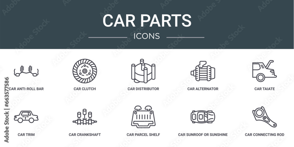 set of 10 outline web car parts icons such as car anti-roll bar, car clutch, distributor cap, alternator, taiate, trim, crankshaft vector icons for report, presentation, diagram, web design, mobile