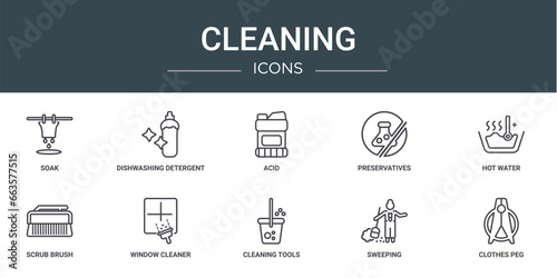 set of 10 outline web cleaning icons such as soak, dishwashing detergent, acid, preservatives, hot water, scrub brush, window cleaner vector icons for report, presentation, diagram, web design,