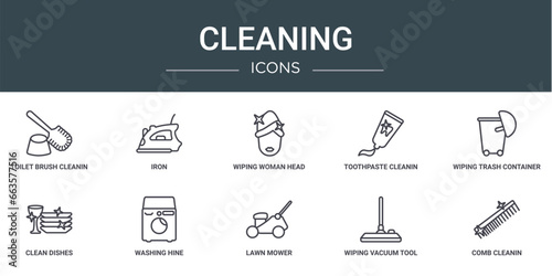 set of 10 outline web cleaning icons such as toilet brush cleanin, iron, wiping woman head, toothpaste cleanin, wiping trash container, clean dishes, washing hine vector icons for report,