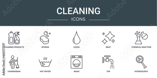 set of 10 outline web cleaning icons such as cleaning products, sponge, liquid, neat, chemical reaction, charwoman, hot water vector icons for report, presentation, diagram, web design, mobile app