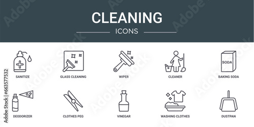 set of 10 outline web cleaning icons such as sanitize, glass cleaning, wiper, cleaner, baking soda, deodorizer, clothes peg vector icons for report, presentation, diagram, web design, mobile app
