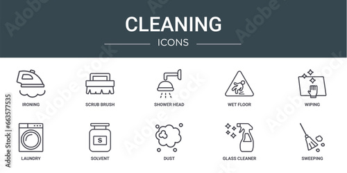 set of 10 outline web cleaning icons such as ironing, scrub brush, shower head, wet floor, wiping, laundry, solvent vector icons for report, presentation, diagram, web design, mobile app