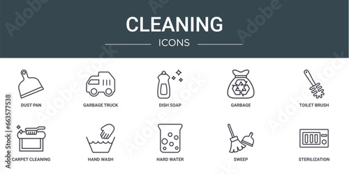 set of 10 outline web cleaning icons such as dust pan, garbage truck, dish soap, garbage, toilet brush, carpet cleaning, hand wash vector icons for report, presentation, diagram, web design, mobile