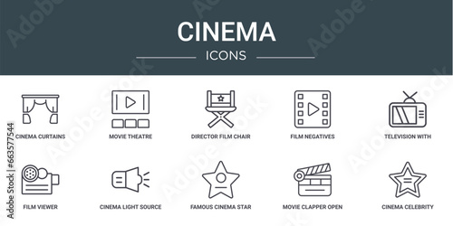 set of 10 outline web cinema icons such as cinema curtains, movie theatre, director film chair, film negatives, television with antenna, film viewer, cinema light source vector icons for report,