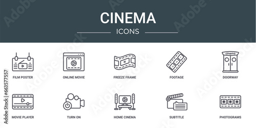 set of 10 outline web cinema icons such as film poster, online movie, freeze frame, footage, doorway, movie player, turn on vector icons for report, presentation, diagram, web design, mobile app