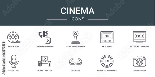 set of 10 outline web cinema icons such as movie roll, cinematographic announcer, star movie award, 4k fullhd, buy tickets online, studio mic, home theater vector icons for report, presentation,