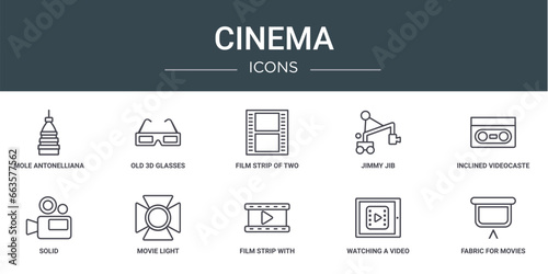 set of 10 outline web cinema icons such as mole antonelliana in turin, old 3d glasses, film strip of two photograms, jimmy jib, inclined videocaste, solid, movie light vector icons for report,