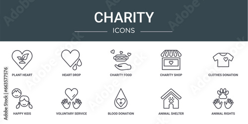 set of 10 outline web charity icons such as plant heart, heart drop, charity food, charity shop, clothes donation, happy kids, voluntary service vector icons for report, presentation, diagram, web