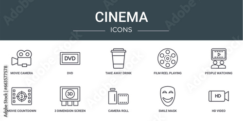set of 10 outline web cinema icons such as movie camera, dvd, take away drink, film reel playing, people watching a movie, movie countdown, 3 dimension screen vector icons for report, presentation,