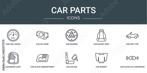 set of 10 outline web car parts icons such as car fuel gauge, car oil pump, bearing, bucket seat, soft top, brake light, glove compartment vector icons for report, presentation, diagram, web design,