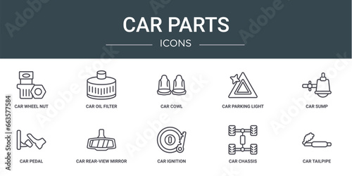 set of 10 outline web car parts icons such as car wheel nut, car oil filter, cowl, parking light, sump, pedal, rear-view mirror vector icons for report, presentation, diagram, web design, mobile app
