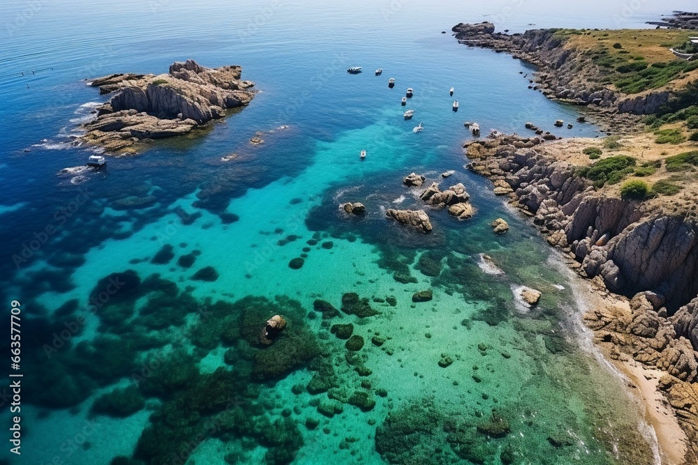 Aerial view of a beach and crystal-clear water at Vendicari Nature Reserve in Sicily's San Lorenzo. Stunning. Generative AI