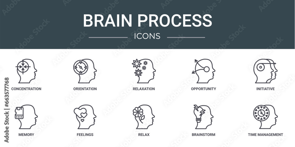 set of 10 outline web brain process icons such as concentration, orientation, relaxation, opportunity, initiative, memory, feelings vector icons for report, presentation, diagram, web design, mobile