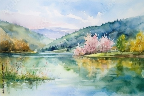 Idyllic watercolor scene depicting spring in mountains with serene lake. Generative AI