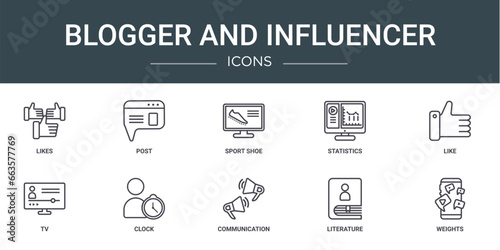 set of 10 outline web blogger and influencer icons such as likes, post, sport shoe, statistics, like, tv, clock vector icons for report, presentation, diagram, web design, mobile app photo