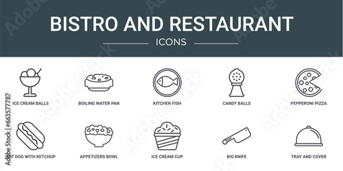 set of 10 outline web bistro and restaurant icons such as ice cream balls cup, boiling water pan, kitchen fish, candy balls, pepperoni pizza, hot dog with ketchup, appetizers bowl vector icons for