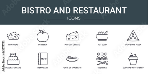 set of 10 outline web bistro and restaurant icons such as pita bread, with skin, piece of cheese, hot soup, pepperoni pizza slice, decorated cake, menu card vector icons for report, presentation,