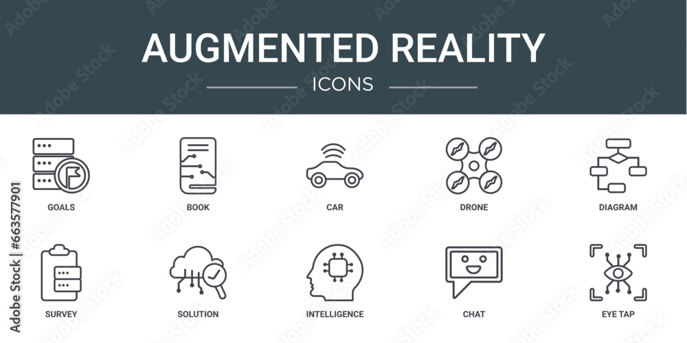 set of 10 outline web augmented reality icons such as goals, book, car, drone, diagram, survey, solution vector icons for report, presentation, diagram, web design, mobile app