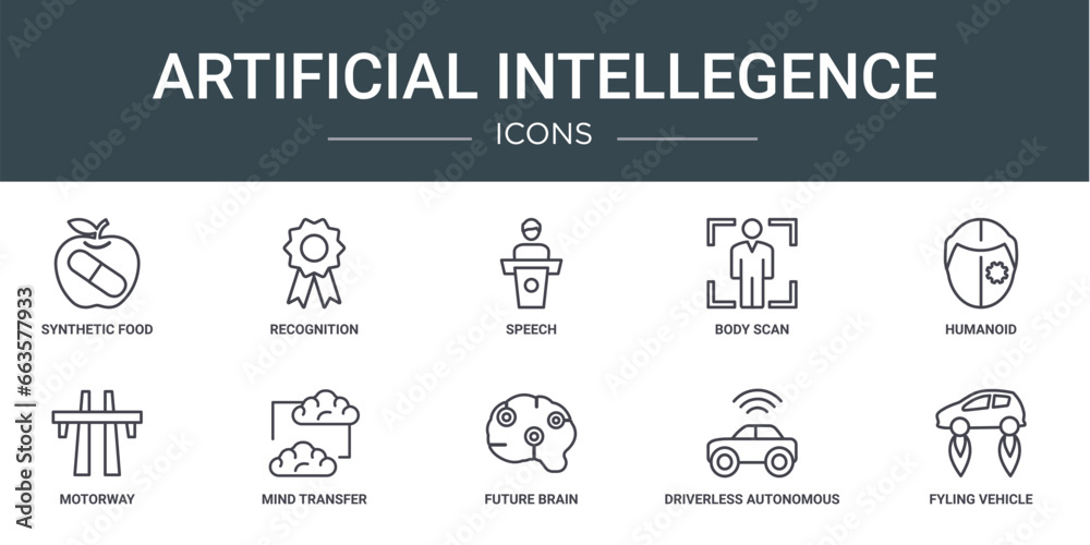 set of 10 outline web artificial intellegence icons such as synthetic food, recognition, speech, body scan, humanoid, motorway, mind transfer vector icons for report, presentation, diagram, web