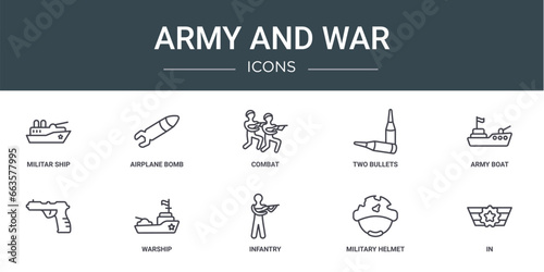 set of 10 outline web army and war icons such as militar ship, airplane bomb, combat, two bullets, army boat, , warship vector icons for report, presentation, diagram, web design, mobile app