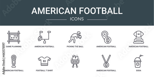 set of 10 outline web american football icons such as game planning, american football annotation, picking the ball, american football placeholder, trophey, t shirt with number 83 vector icons for