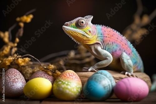 Colorful chameleon surrounded by Easter eggs. Generative AI