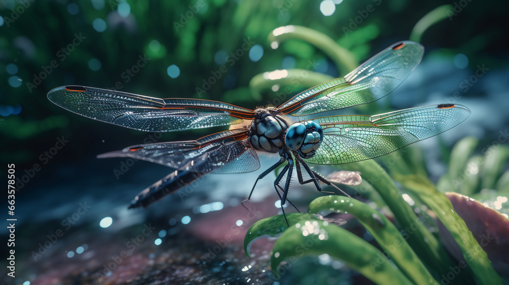 dragonfly on a leaf - obrazy, fototapety, plakaty 