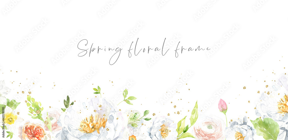 Spring  watercolor floral frame, botanical spring floral drop, flower arrangement, peony, tulip , gold glitter splashes, anemone,garden rose, wedding stationery card printable design. botanical frame,