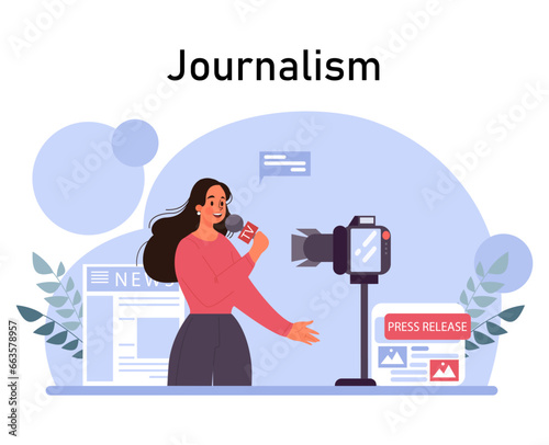 Journalism. TV reporter announce news with a microphone. Mass media