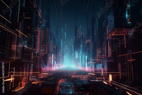 Futuristic metropolis with glitchy animations. Generative AI