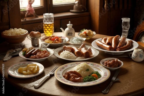 The essence of Bavarian cuisine: traditional sausages, scenic hills, and rustic dining. Generative AI