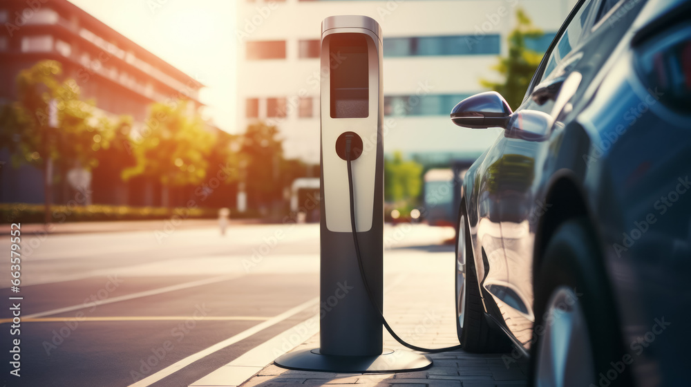 Electric car connected to charging station supplier. Charge battery. EV plug in. Technology concept. Generative Ai Electric car connected to charging station supplier. Charge battery. EV plug in. Technology concept. Generative Ai