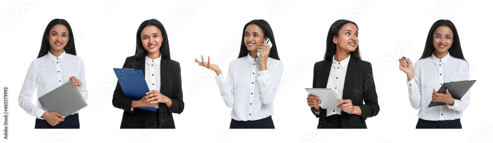 Collage with photos of beautiful secretary on white background Collage with photos of beautiful secretary on white background