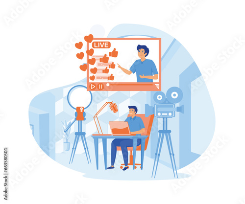 Man video blogger with copy space. Streamer, vlogger flat character. flat vector modern illustration 
