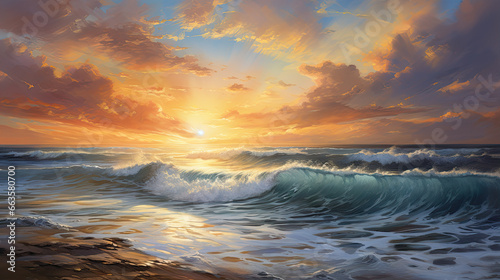 a painting of a sunset over the ocean with waves crashing on the shore and clouds in the sky over the ocean and the beach area