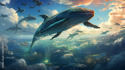 fantasy whales flying in the clouds, anime style