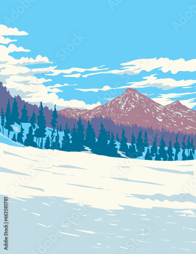 WPA poster art of peak of Mount Charleston in the Spring Mountains Range located Clark County, Nevada, United States USA done in works project administration or Art Deco style.
