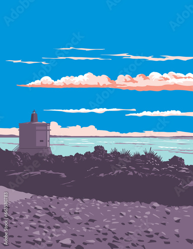 WPA poster art of Stirling Point Signal Station Lighthouse in Bluff at the southern end of in the South Island, New Zealand done in works project administration or federal art project style.
