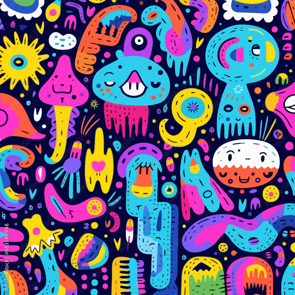Maximalist quirky doodle pattern, background, cartoon, vector, whimsical Illustration