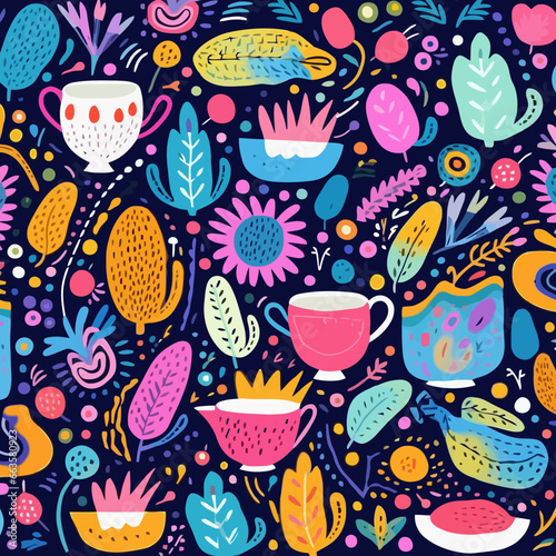Maximalist quirky doodle pattern, background, cartoon, vector, whimsical Illustration