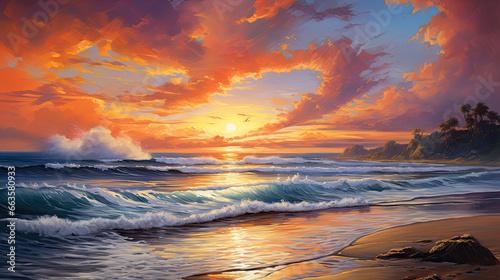 a painting of a sunset over the ocean with waves crashing on the shore and clouds in the sky over the ocean and the beach area
