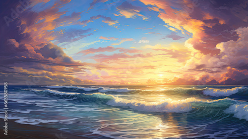 a painting of a sunset over the ocean with waves crashing on the shore and clouds in the sky over the ocean and the beach area © Ziyan Yang