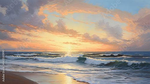 a painting of a sunset over the ocean with waves crashing on the shore and clouds in the sky over the ocean and the beach area