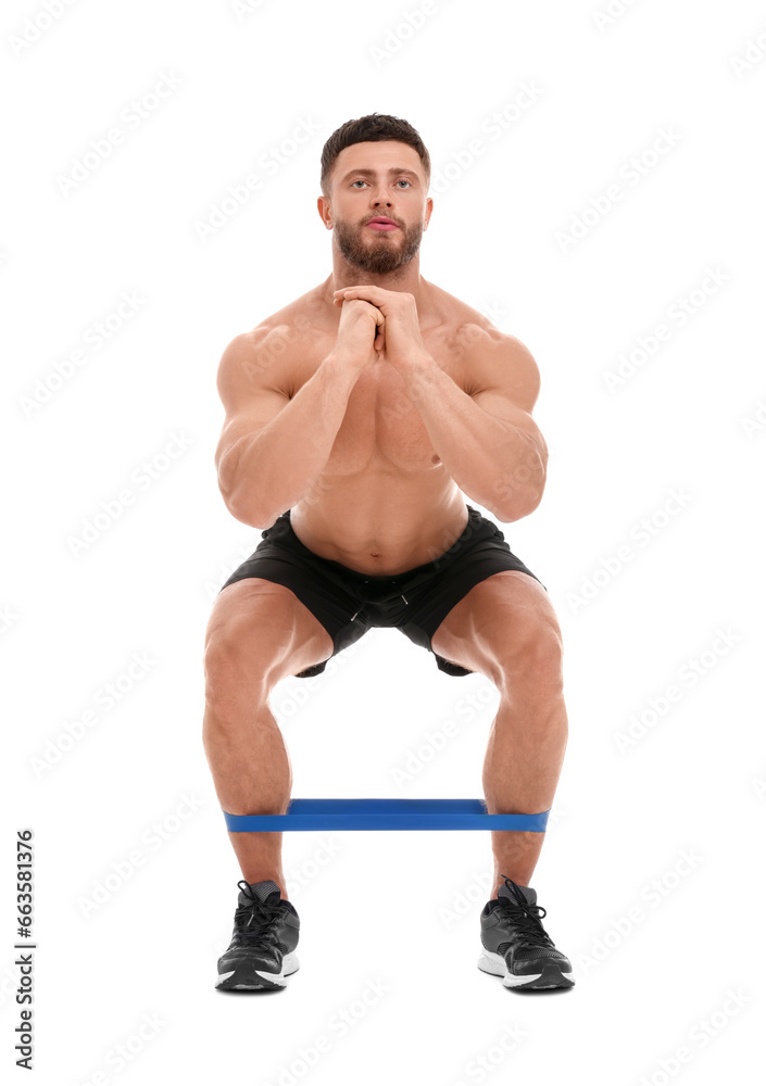 Young man exercising with elastic resistance band on white background Young man exercising with elastic resistance band on white background